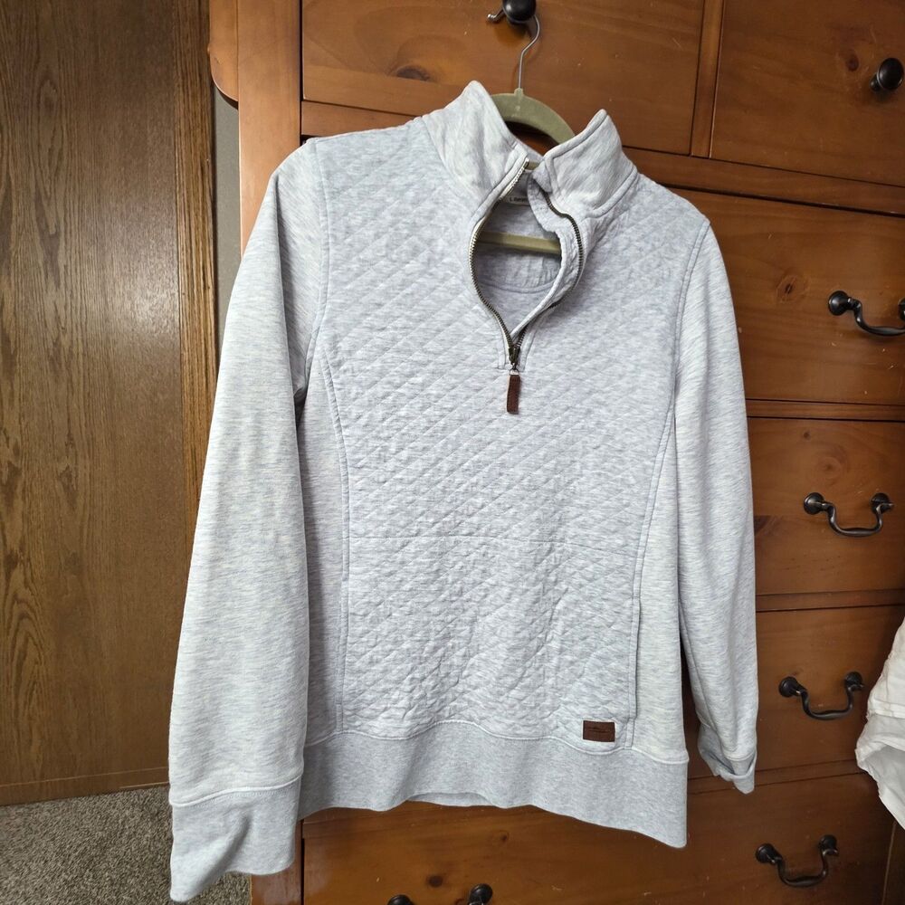 L.L. Bean Pullover Sweatshirt Size Medium Gray Quilted 1/4 Zip Collar Pockets